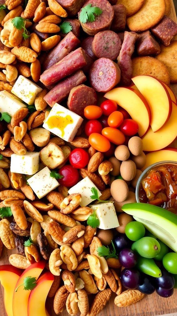 An Indian charcuterie board with paneer, spiced meats, chutneys, nuts, and fruits, garnished with herbs.